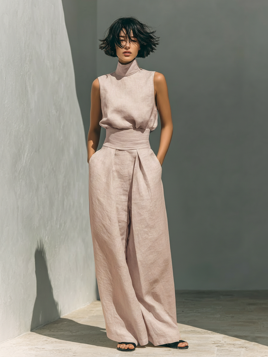 Linen Blend Blouse & Wide-Leg Pants Set