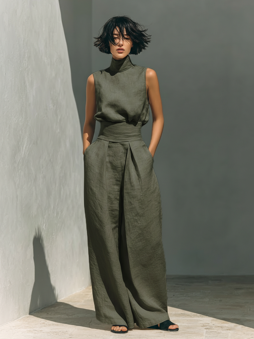 Linen Blend Blouse & Wide-Leg Pants Set