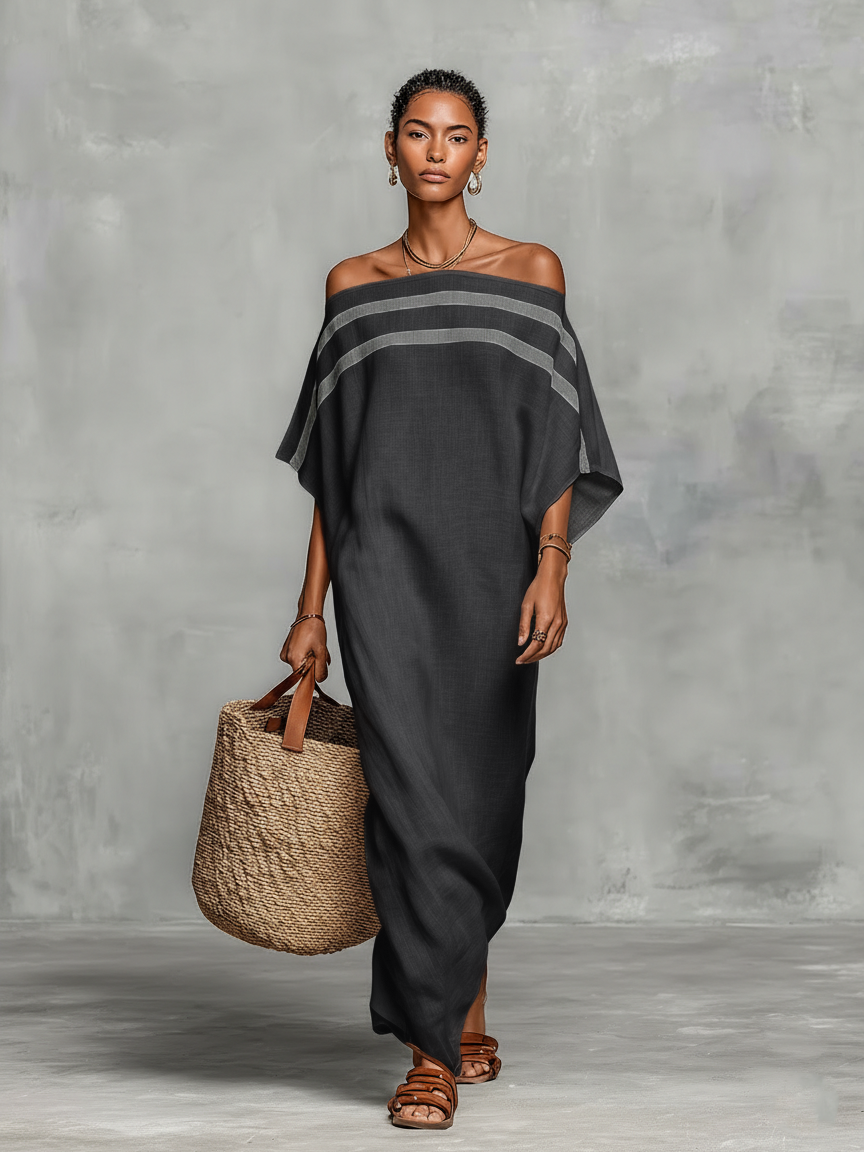 Women's Minimalist Linen Blend Off-the-shoulder Batwing Sleeve Straight-cut Maxi Dress MDZ0949A8Y