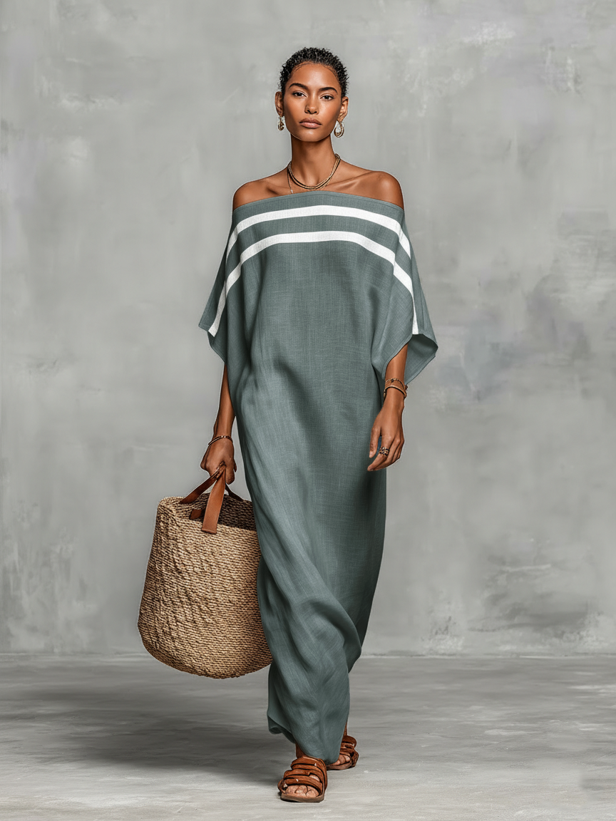 Women's Minimalist Linen Blend Off-the-shoulder Batwing Sleeve Straight-cut Maxi Dress MDZ0949A8Y