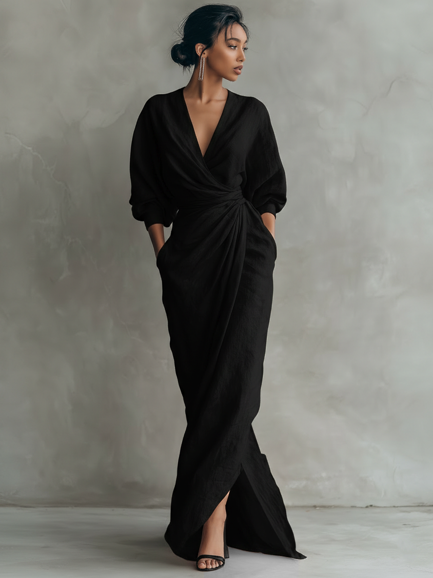 Pink V-Neck Linen Blend Maxi Dress