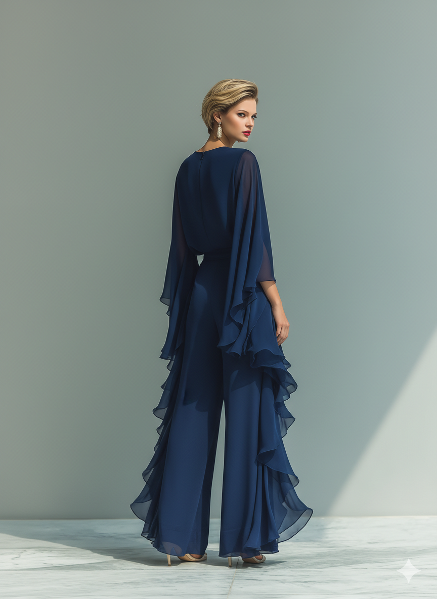 Navy Chiffon Flared Sleeve Top & Ruffled Trousers Set