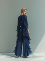 Navy Chiffon Flared Sleeve Top & Ruffled Trousers Set