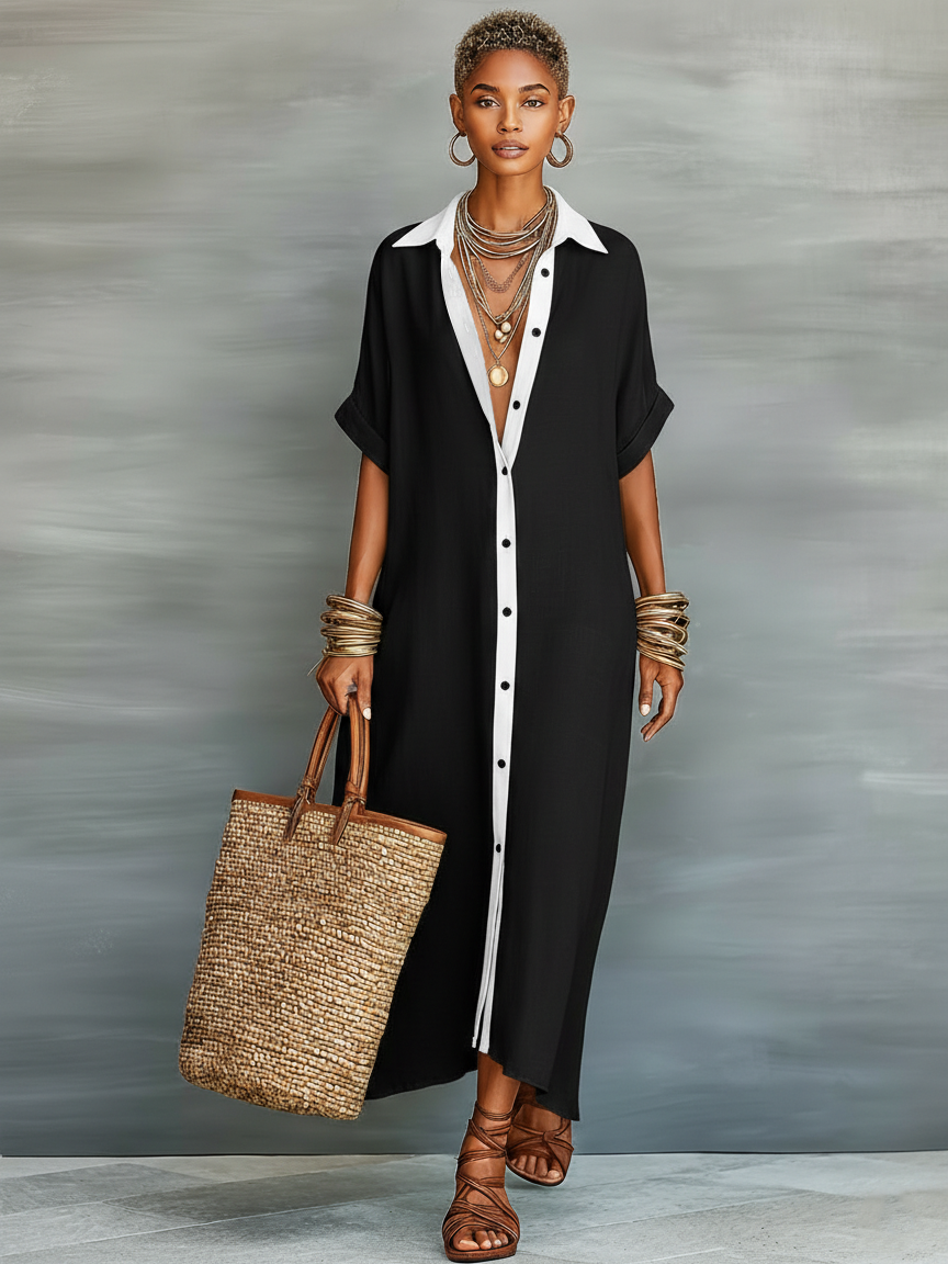 Linen Blend Short Sleeve Shirt Maxi Dress