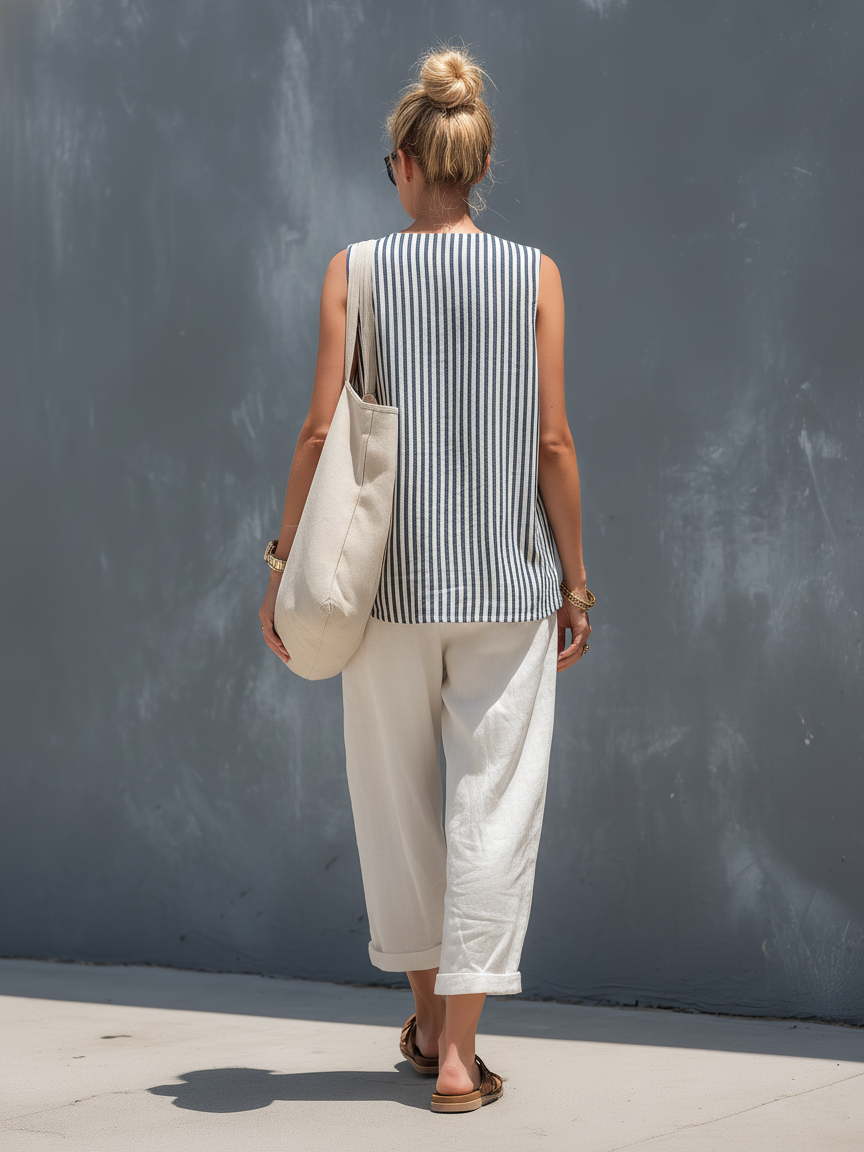 Striped Woven Vest & Linen Trousers Set