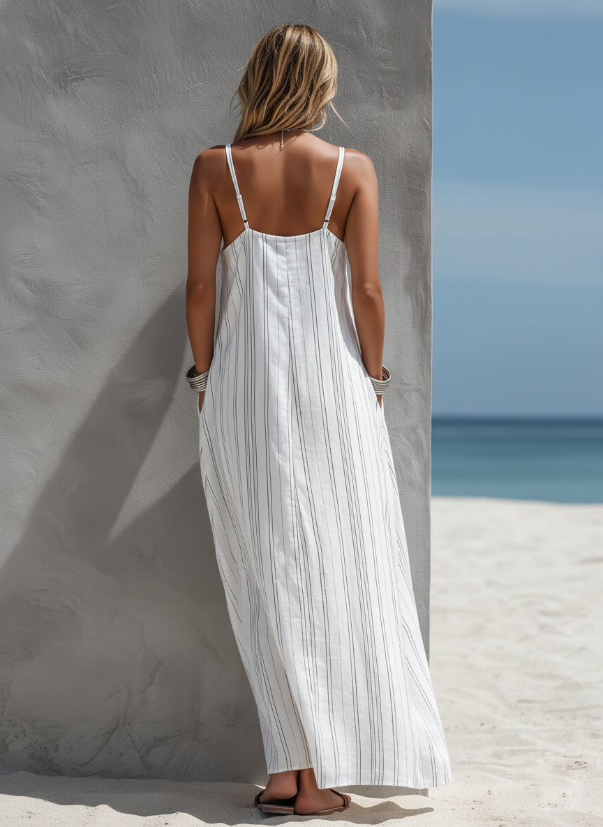 White Striped Sleeveless Woven Long Dress