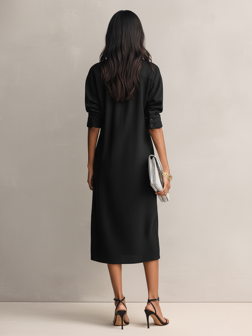 Black Cotton Linen Shirt Collar Midi Dress