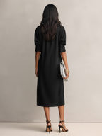 Black Cotton Linen Shirt Collar Midi Dress
