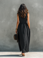 Charcoal Denim Cap-Sleeve Contrast Stitch Midi Dress
