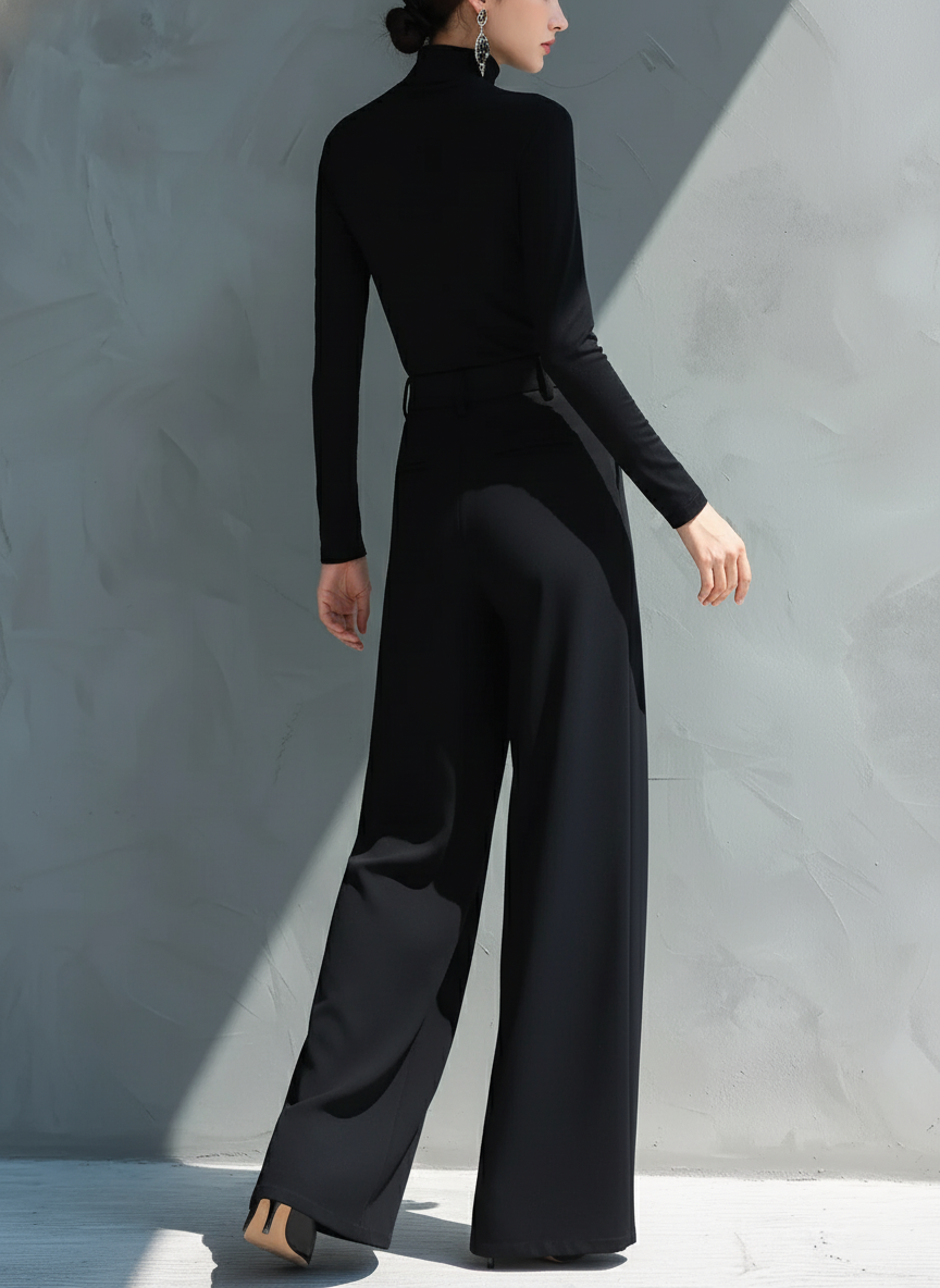 Black Knit Turtleneck Wide-Leg Jumpsuit