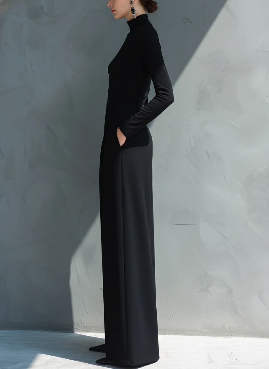 Black Knit Turtleneck Wide-Leg Jumpsuit