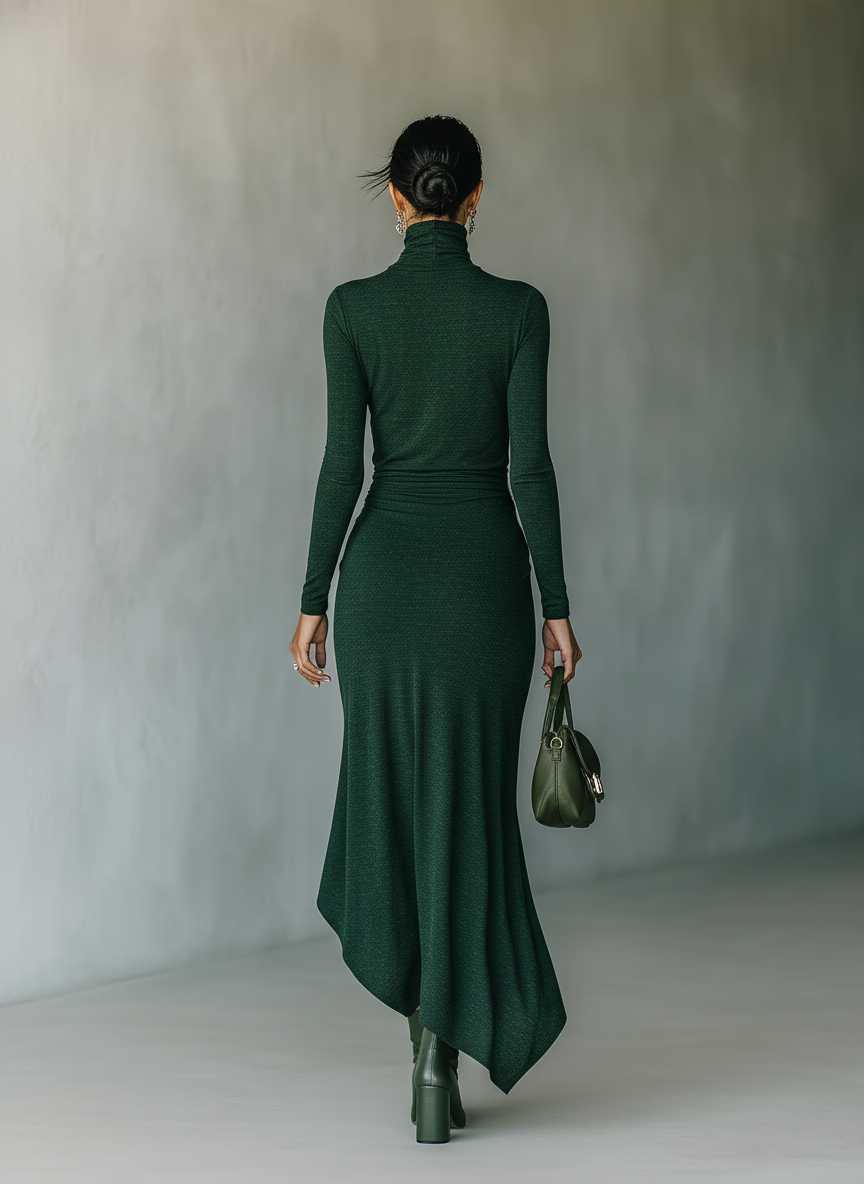 Dark Green High-Neck Knit Wrap Midi Dress