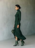 Dark Green High-Neck Knit Wrap Midi Dress
