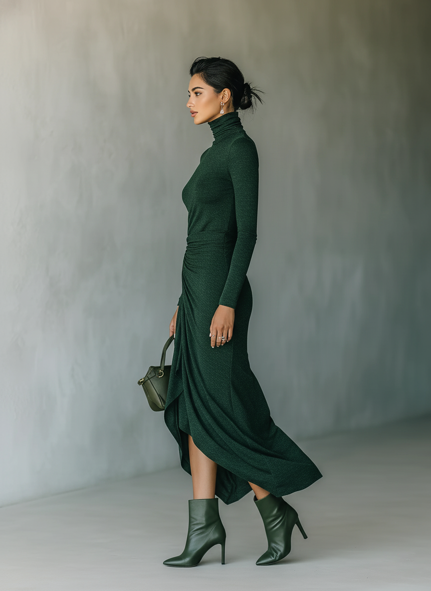 Dark Green High-Neck Knit Wrap Midi Dress