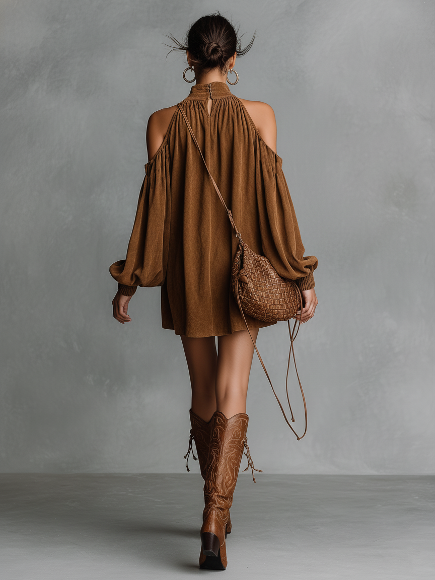Suede Halter Neck Lantern Sleeve Mini Dress
