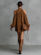 Suede Halter Neck Lantern Sleeve Mini Dress