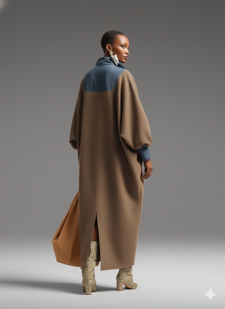 Brown & Denim Color-Block Long Dress