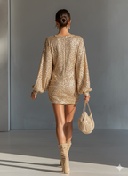 Gold Sequin Lantern Sleeve Mini Dress