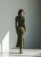 Women's Army Green Stretch Knit High Neck Pleated Slim Fit Maxi Dress MDA0556K1T