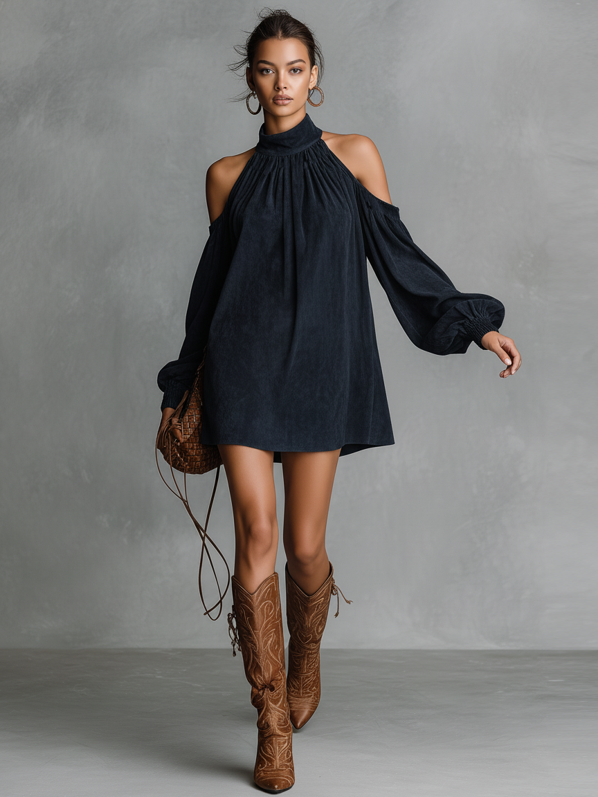 Suede Halter Neck Lantern Sleeve Mini Dress