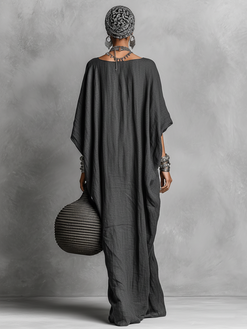 Women's Loose Cotton And Linen Batwing Sleeve Maxi Dress MDA1328K8Y