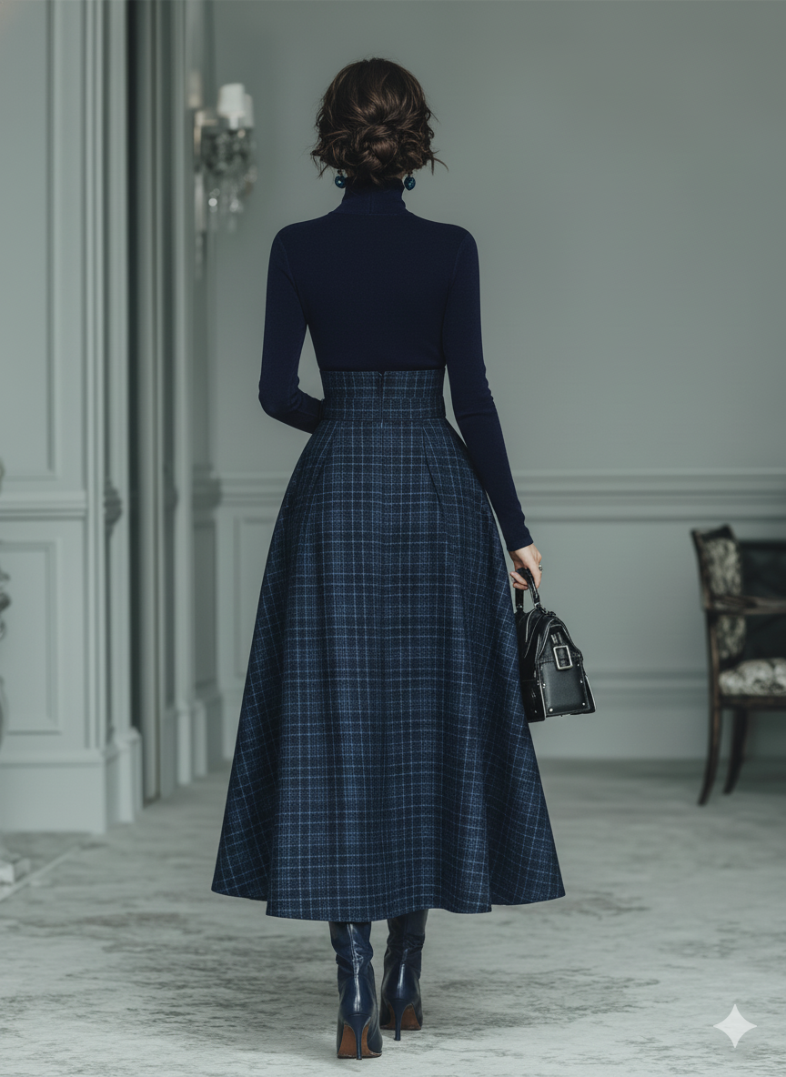 Navy Plaid High-Waisted Pleated A-Line Midi Skirt