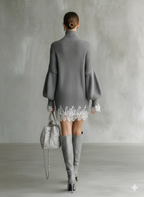 Grey Knit Lace Turtleneck Mini Dress