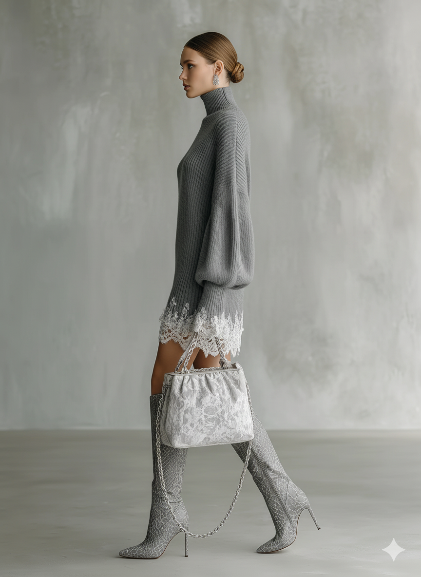 Grey Knit Lace Turtleneck Mini Dress