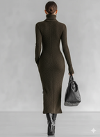 Plush Knit High-Neck Side Slit Midi Dress