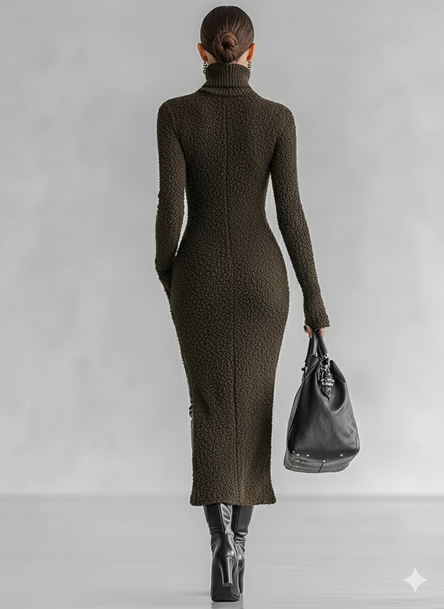Plush Knit High-Neck Side Slit Midi Dress