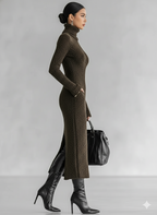Plush Knit High-Neck Side Slit Midi Dress