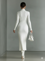 White Knit Polo Neck Slim Midi Dress