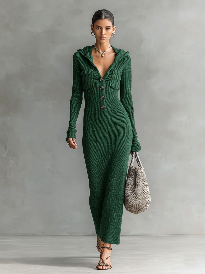 Hooded Knit Slim Maxi Dress