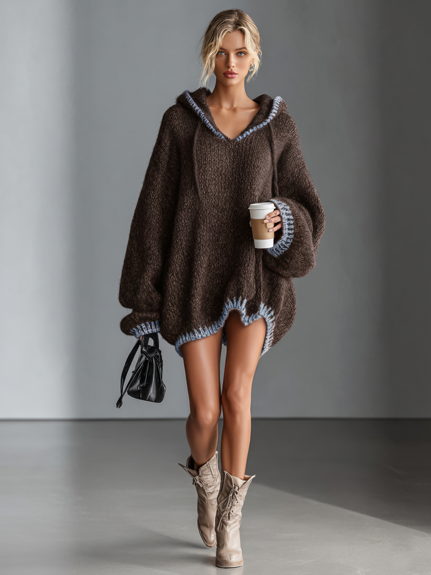 Hooded Pink-Trim Knit Mini Dress