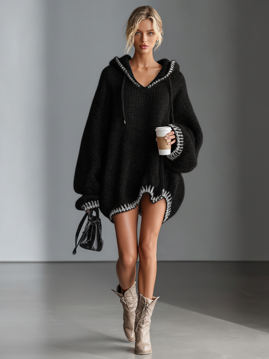 Hooded Pink-Trim Knit Mini Dress