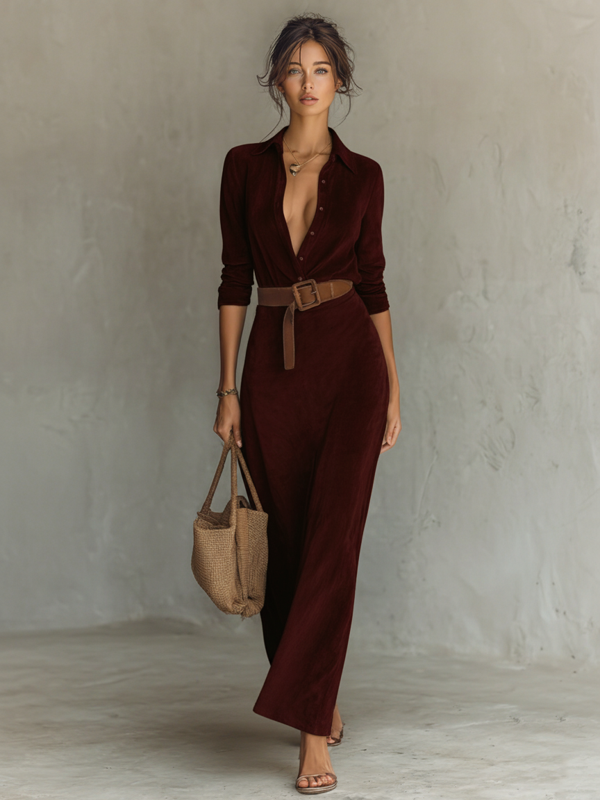 Suede Belted Lapel Maxi Dress