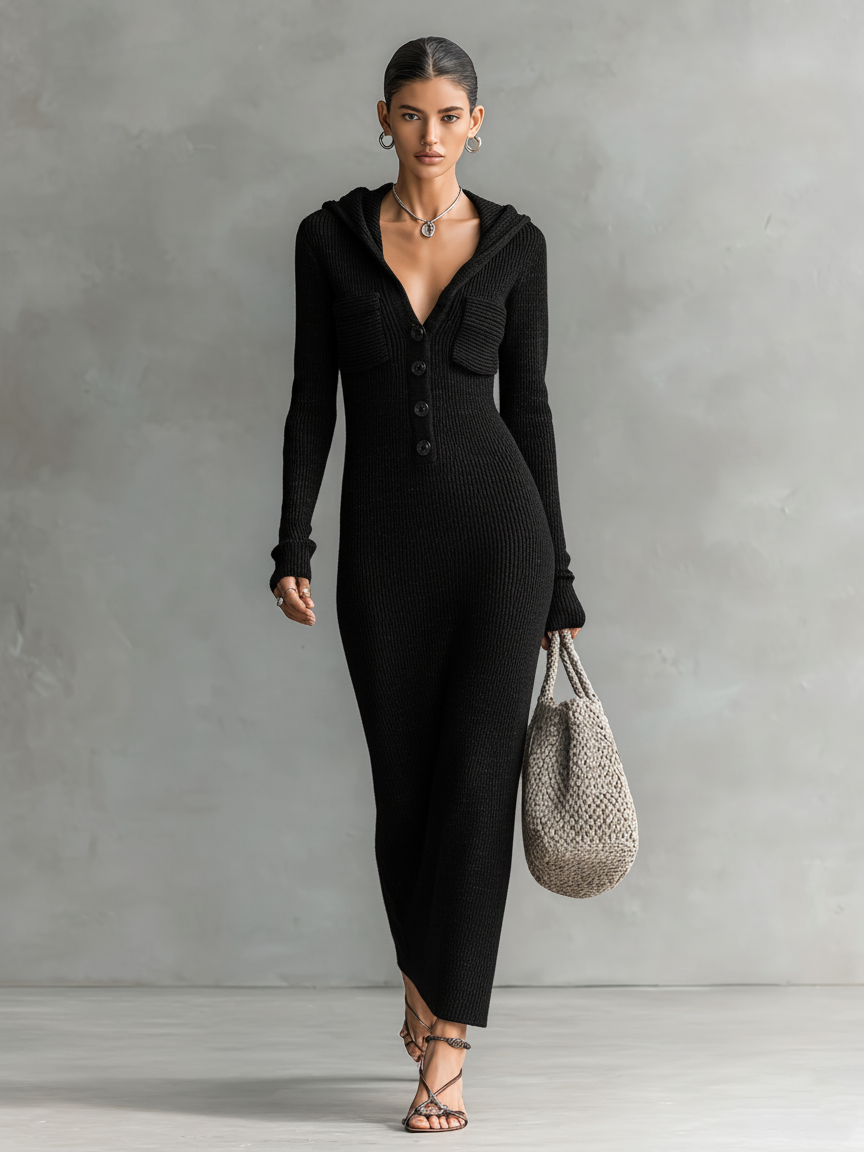 Hooded Knit Slim Maxi Dress