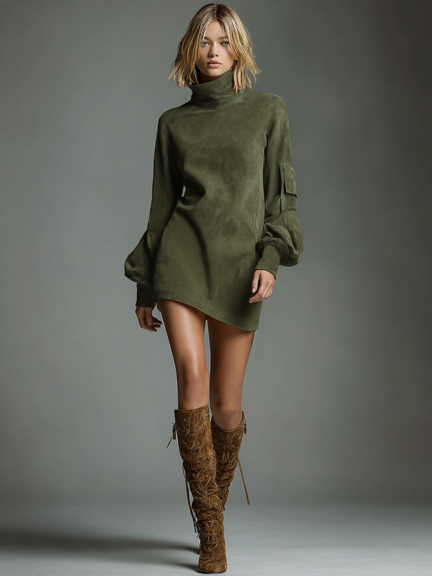 Vintage Suede Turtleneck Mini Dress