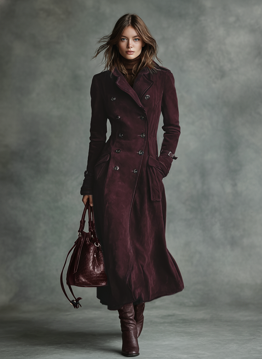 Suede Double-Breasted Lapel Long Coat