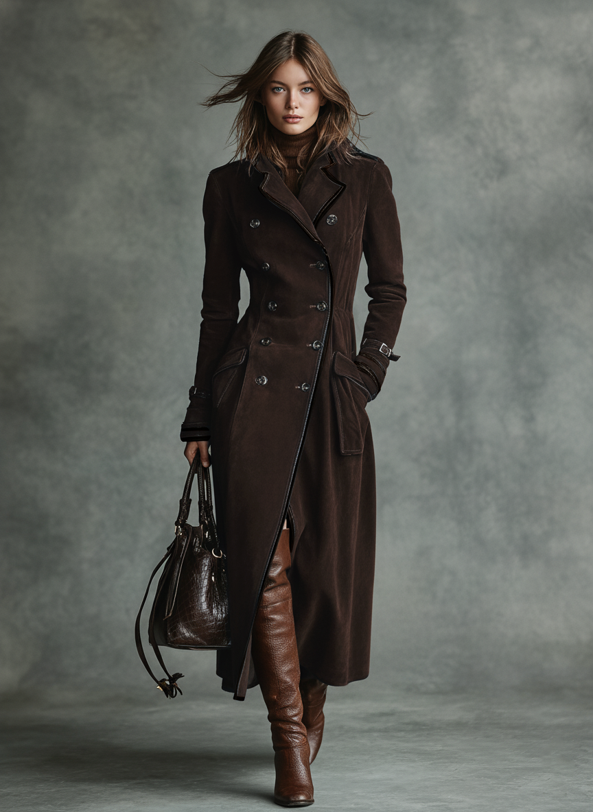 Suede Double-Breasted Lapel Long Coat
