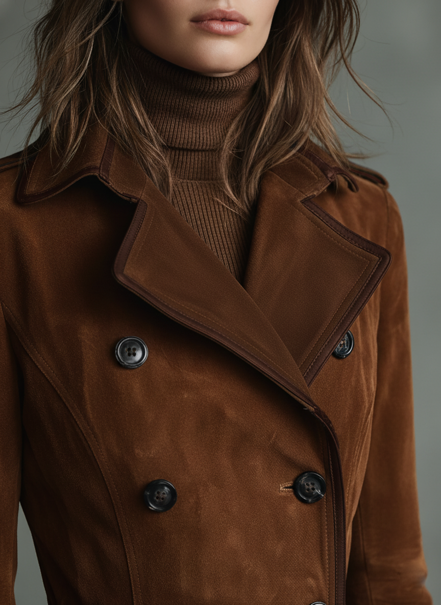 Suede Double-Breasted Lapel Long Coat