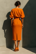 Orange Mid-Sleeve Top & Midi Skirt Set
