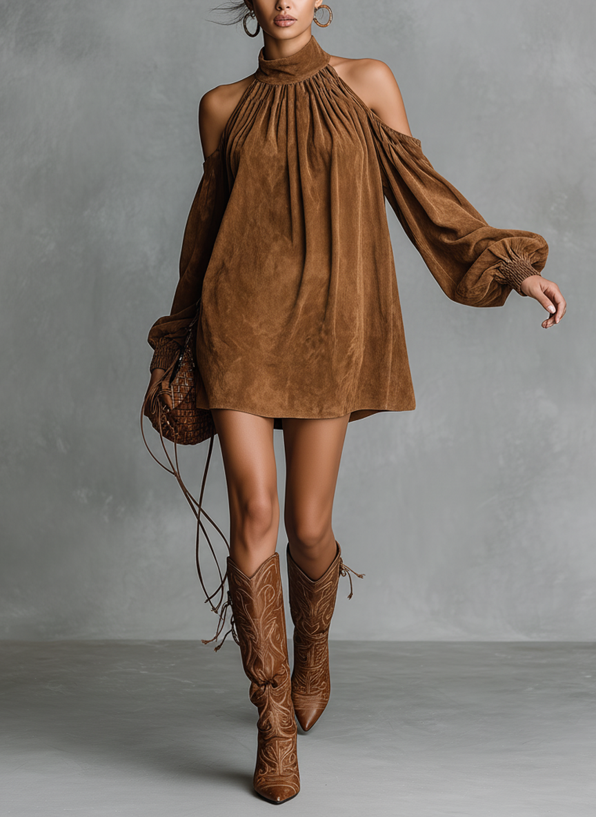 Suede Halter Neck Lantern Sleeve Mini Dress