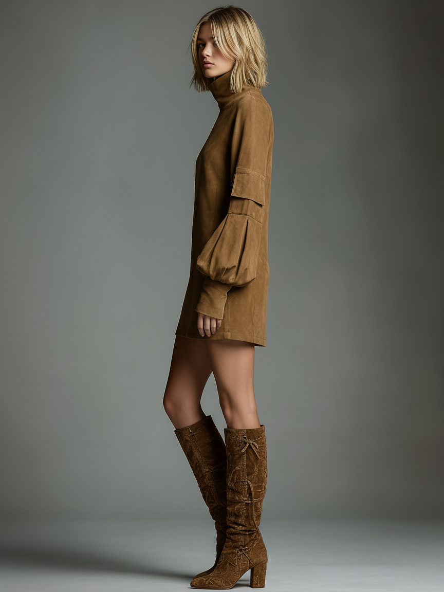 Vintage Suede Turtleneck Mini Dress