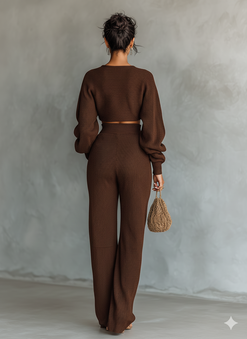 Coffee Knit Short Top & Wide-Leg Set