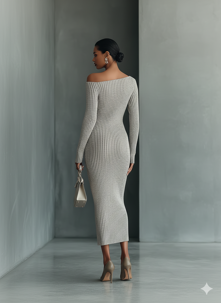 Grey One-Shoulder Knit Dress