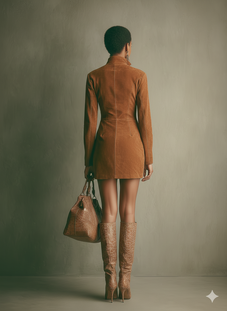 Caramel Suede Zipper Stand Collar Mini Dress