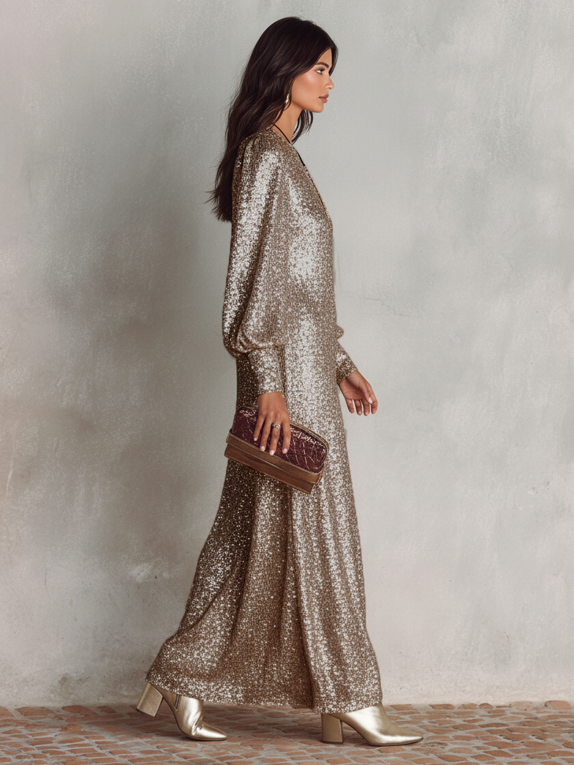 Shimmering V-Neck Maxi Party Dress
