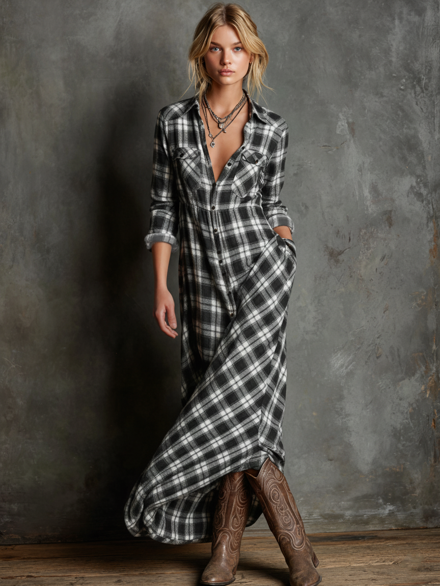 Plaid Lapel Belted Maxi Dress