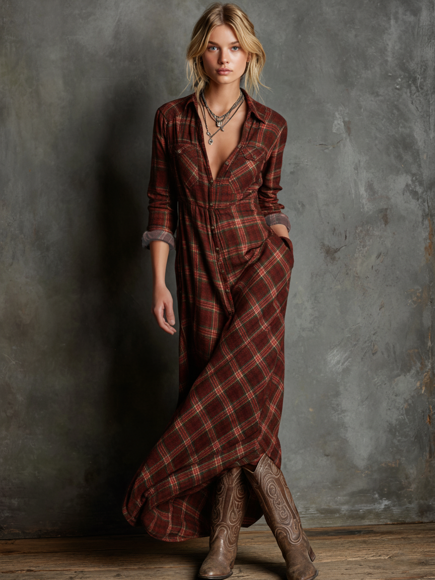 Plaid Lapel Belted Maxi Dress